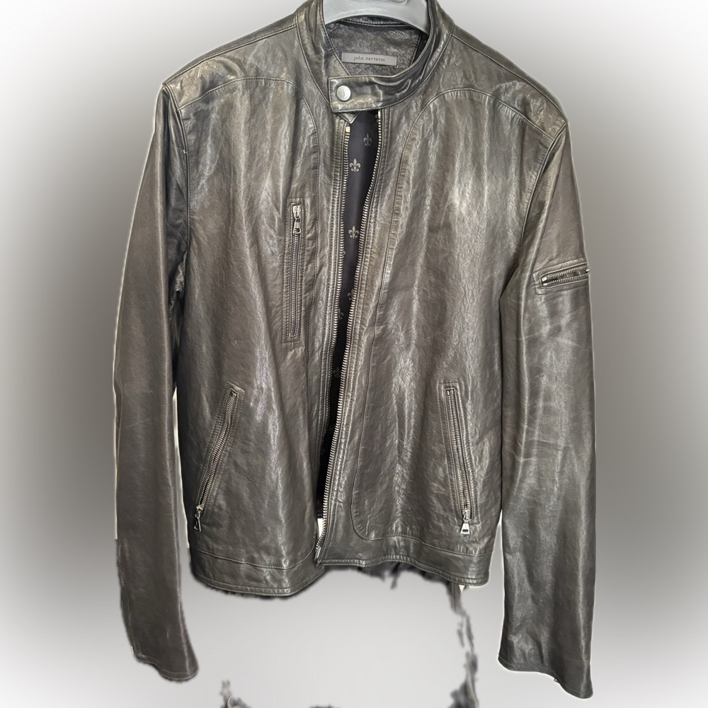 John Varvatos Men's Charcoal Gray Leather Bomber Jacket